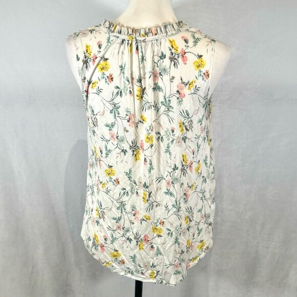Loft white yellow and pink floral print split neck mixed media top size small - Picture 3 of 5